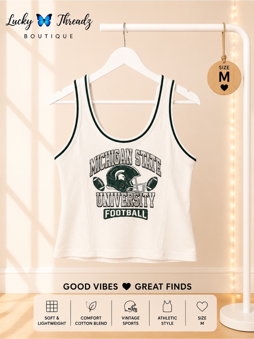 Michigan State University Football White Tank Top Size Medium